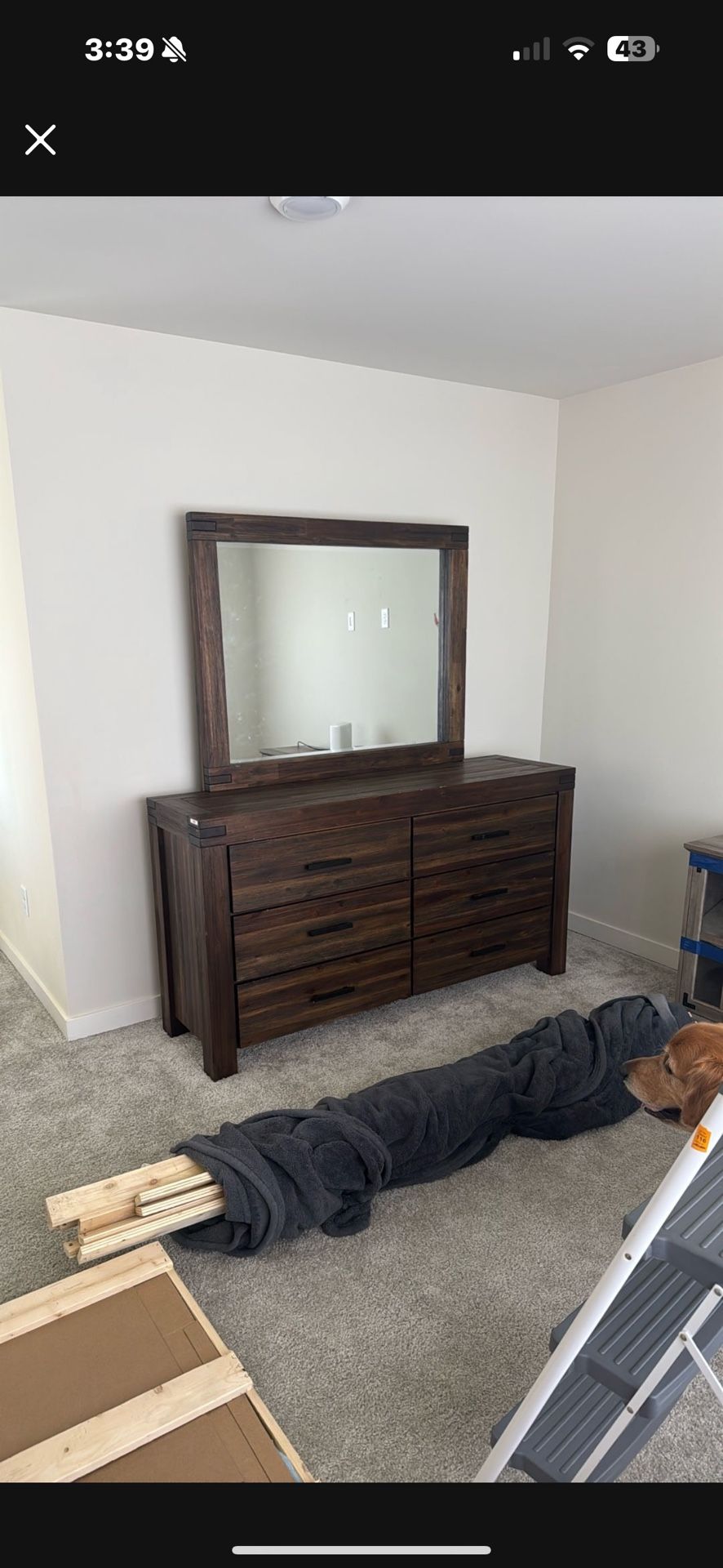 Solid Wood Dresser With Attached Mirror And California King Size Bed Frame, Desk
