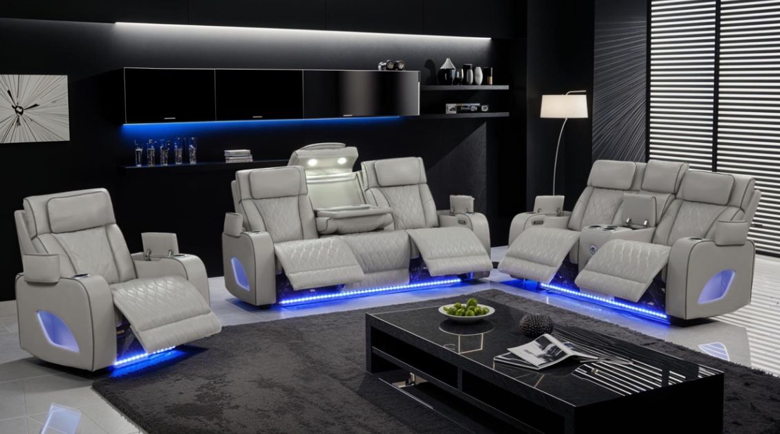 New Gray Power Leather Sofa And Love Seat With Massaging Seats, Heated Seats, Bluetooth Speakers, Wireless Charging And More!
