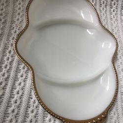 Vintage Fire King Oval Glass Divided Dish/ White Glass Relish Dish/ White Glass with Elegant Gold Trim