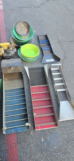 Sluice boxes for gold prospecting, gold pans, water pump for gold dredge, hand dredge pump