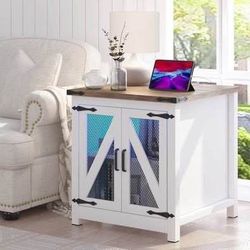 New Single White Farmhouse End Table/ Nightstand with LED Light & Charging Station, Mesh Barn Door,
