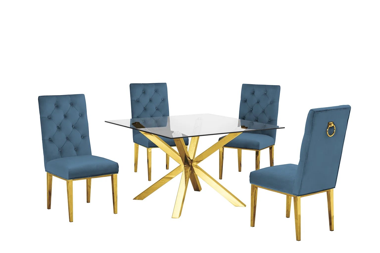 New Estella 5-pc Set 48”x48” With Blue Velvet Chairs Gold Base 