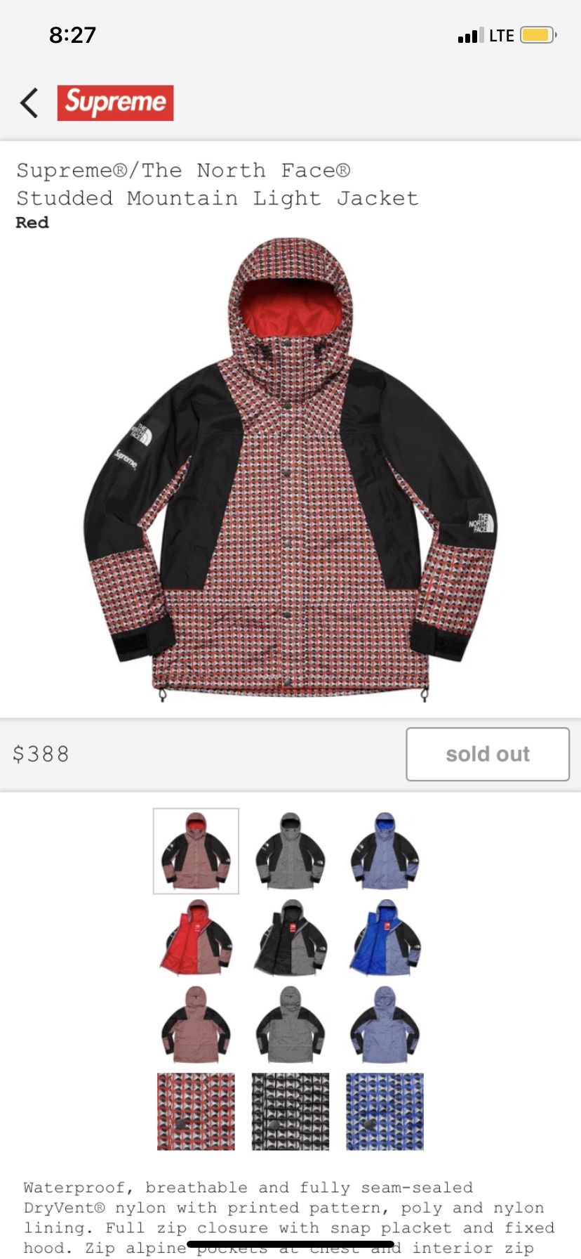 Supreme The North Face Studded Mountain Light Jacket Red Size L