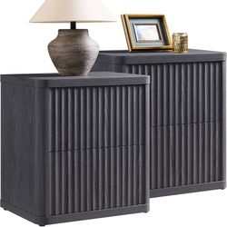 Night Stand Set of 2 Nightstands with 2 Drawers Storage Bedside Table Large Fluted Bed Side End Table Modern 24.4" Tall Wide Night Stands for Bedroom 