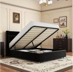 Queen Black Velvet Lift Top Bed