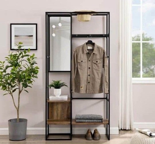 70" Modern Wood Hall Tree with Mirror - Rustic Oak(New In A Box)