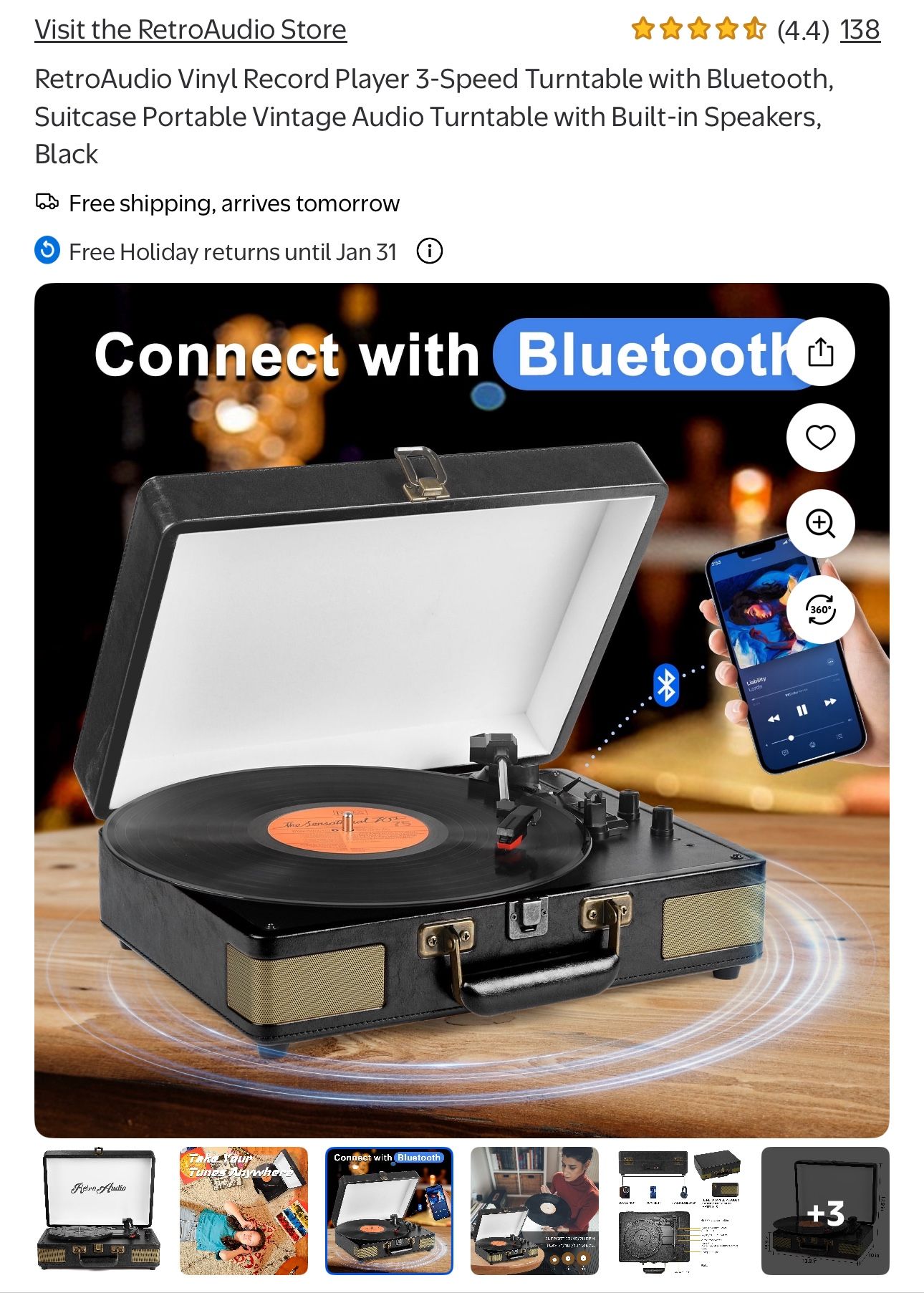 RetroAudio Vinyl Record Player, 3-Speed Turntable