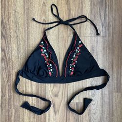 HOBIE Y2K Black Red Ruffle Embroidered Cherries Daisies Halter Swim Bikini Top