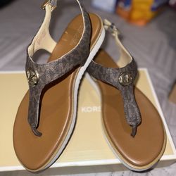Michael Kors Brown Signature T-Strap Sandals