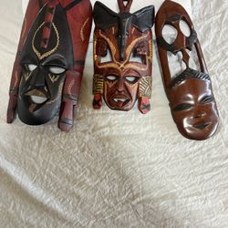 Vintage Hand Carved African Wood Art Three Masks LOT SALE