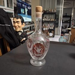 Vintage Etched Cranberry On Thin Clear Glass Decanter With Bird Motif Cork Top 10"