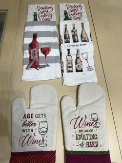(Wine Theme)4 Dish Towels & 2 Oven Mitts 