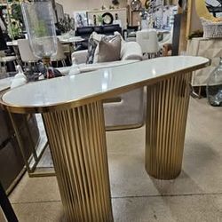 New New New!!! Gold Metal Console Table With Marle Tabletop and Ribbed Legs!!!
