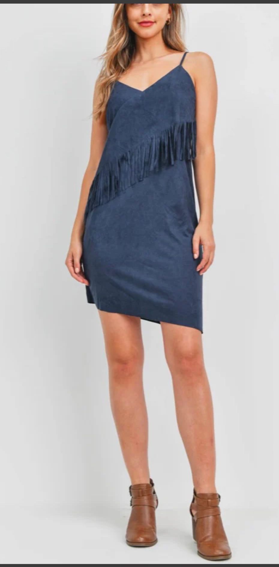 NAVY SUEDE FRINGE DRESS