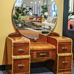 Antique Vanity with Round Circle Mirror Art Deco Style