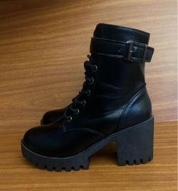 Women's Chunky Heel Platform Combat Boots - Black Buckle Lace-Up - US Size 6.5  (EU 38)