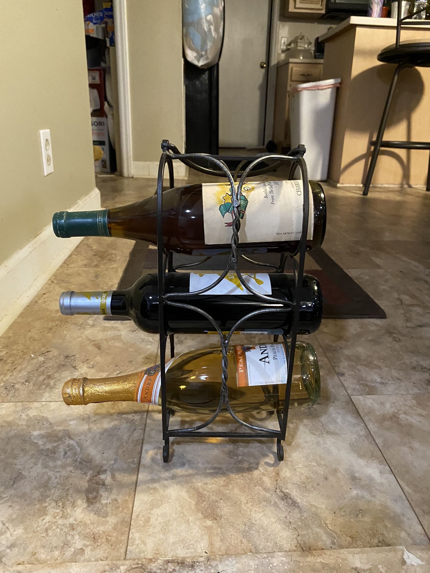 Small Wine Rack with 3 Tiers. Antiqued Finish, Metal with Carry Handle.