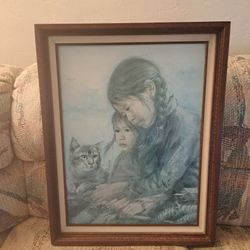Vintage Large Canvas Print Of Two Girls And A Cat