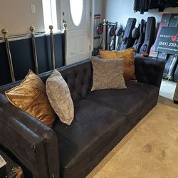 Pleated Black Faux Leather Sofa 