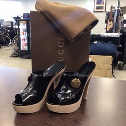Gucci Black Patent Leather Hysteria Platform Open Toe Slide Sandals Size:7
