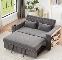 61.4 in. Modern Gray Tufted Chenille Convertible Twin Sofa Bed with Pull-Out Sleeper, Storage Shelves, Cup Holder