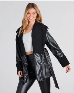 Black Faux leather sherpa trench coat