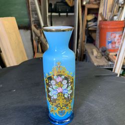 Vintage blue Bohemian styleCase glass vase with hand-painted coat of arms shape and ammo flowers lions and gold gilding