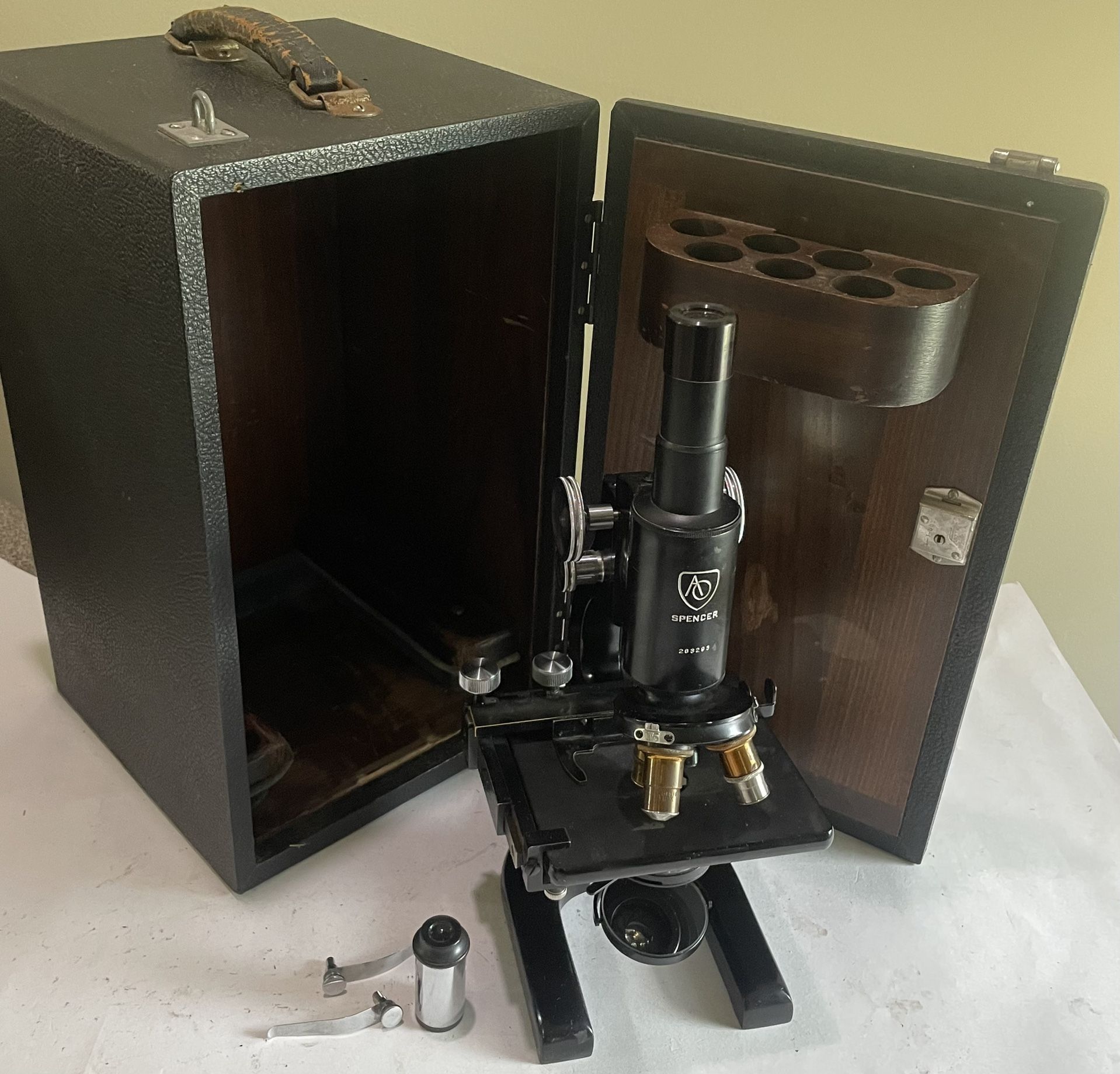 Vintage AO Spencer Microscope 263293 Wood Case Adjustable Mirror Illuminator