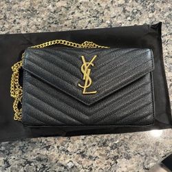 YSL Saint Laurent Black Gold Chain Leather Crossbody Bag 