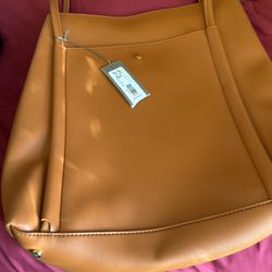 EVA MENDES LEATHER TOTE PURSE -- ORANGE BROWN - LARGE