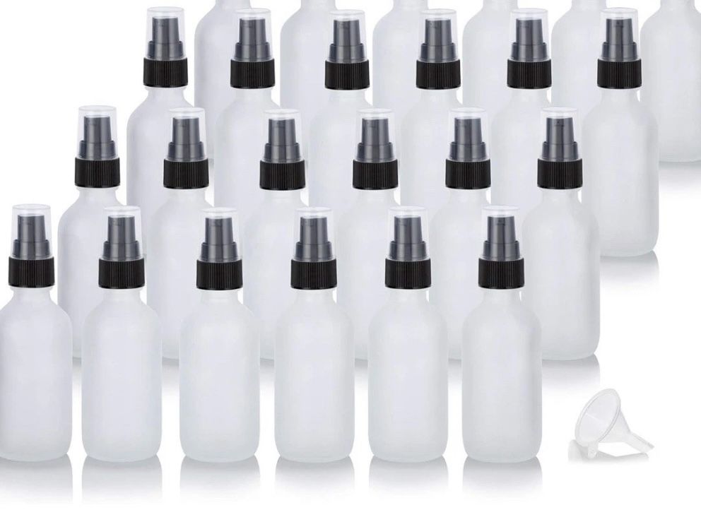 JUVITUS 2 oz Frosted Clear Glass Boston Round Black Treatment Pump Bottle (20 pack) + Funnel Refillable Empty Storage Containers