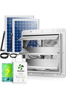 Solar Exhaust Fan 12“ for Greenhouse with Smart Thermostat, Battery Solar Powered Attic Fans, 2PCS 30W Bifacial Panels, Metal Build, Waterproof, Stabl