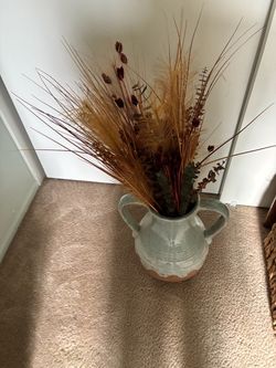 Large Ceramic Vase with Dried Floral Arrangement and white wooden crate