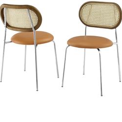 Volans Faux Leather Dining Chairs, Set of 2, Rattan Dining Chair, Mid Century Modern Upholstered Chairs for Kitchen Dining Room Coffee Bar, 18.3", Ora