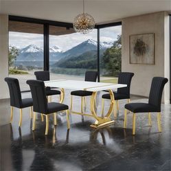 7 piece dining set white and gold table black and gold chairs brand new in box firm price $999