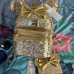 Gold Sequined Loungefly Minnie Mouse Backpack And Wallet Set 