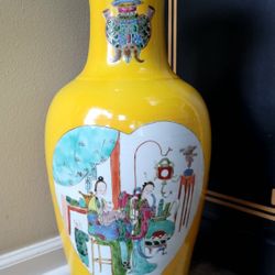 Vintage Chinese Famille Jaune Porcelain Vase Daoguang Mark Polychrome Scene 22"