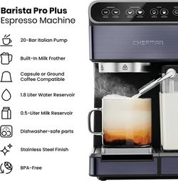 Chefman 6-in-1 Espresso Machine, Powerful 20-Bar Pump, Nespresso