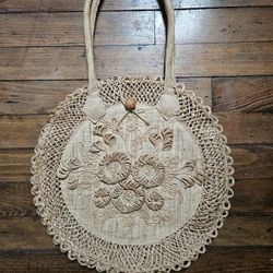 Decoration ONLY, Vintage Boho Woven Straw Floral, round unique Tote Bag Purse Handbag