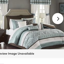 Wayfair King Size Bedding with comforter, pillows, shams, bed skirt, curtains.