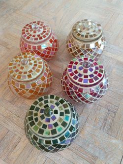 5 Mosaic Mirrored Candle Holders with Lids 5"x4" Heavy