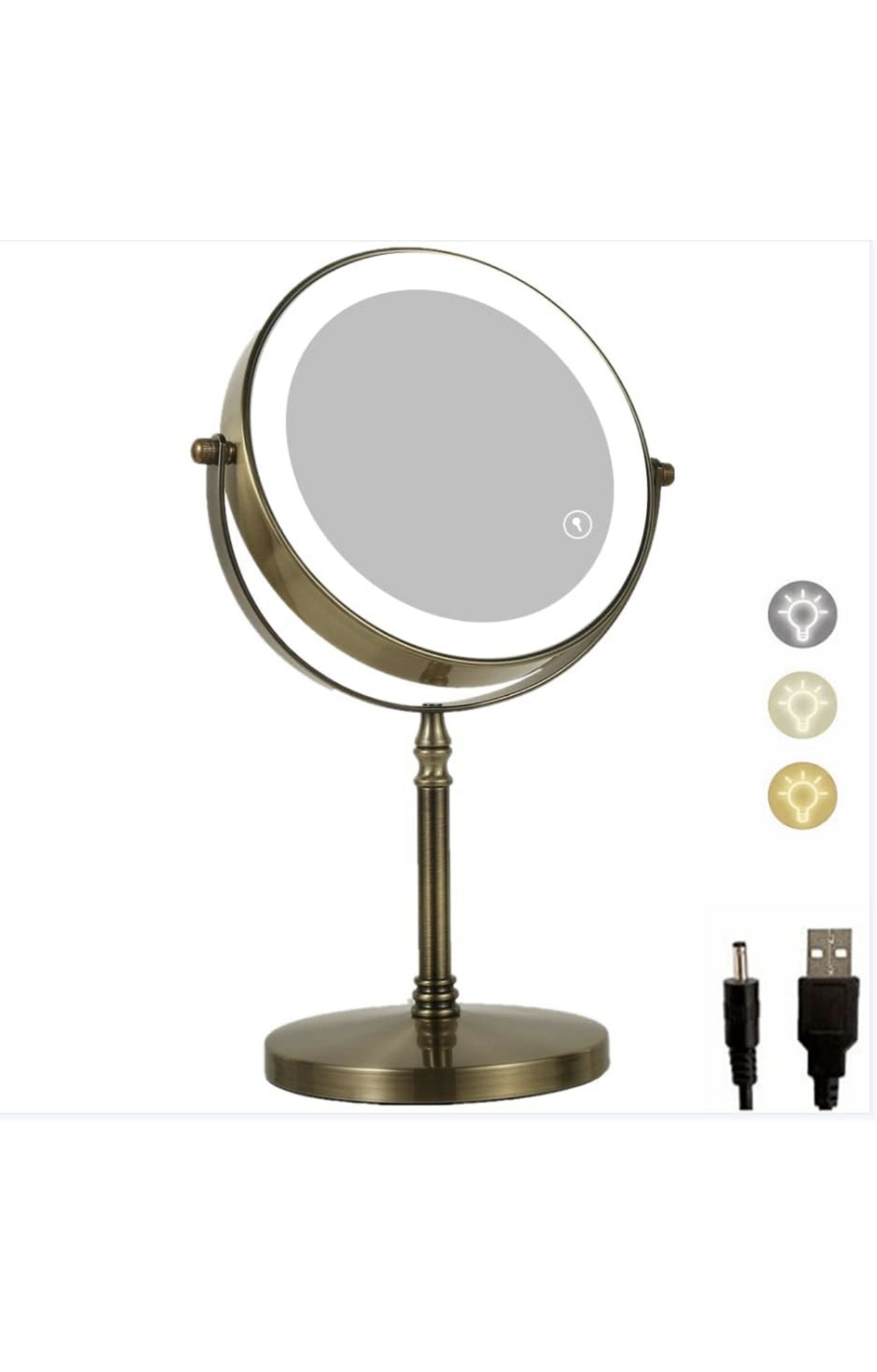 Antique Brass Makeup Mirror with Light 1X/10X Free Standing 8 Inches 360 Swivel Dual-Sided Tabletop Makeup Mirror, Metal