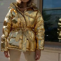 Gold Woman Puffer With Belt Size M