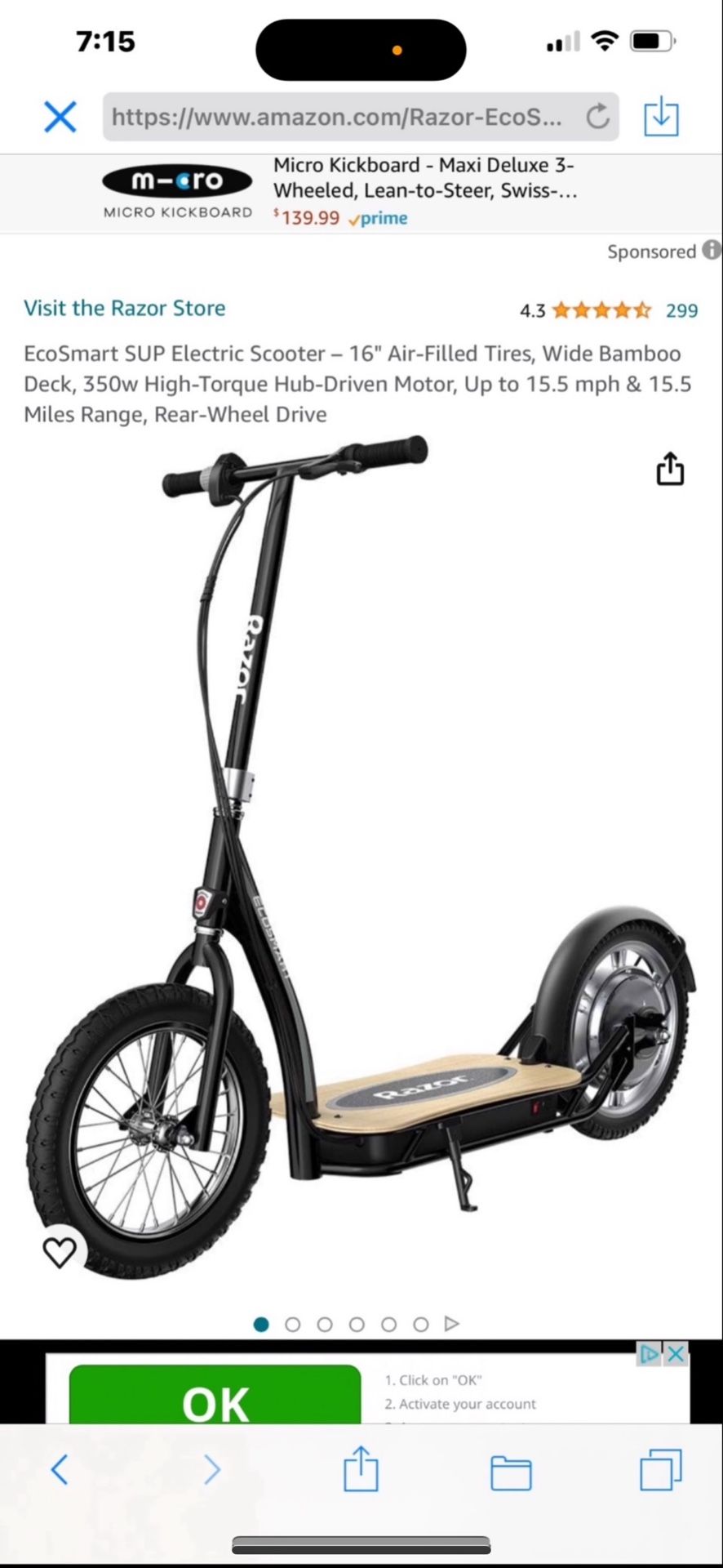 Scotter Electric Adulto Razer 350wts New