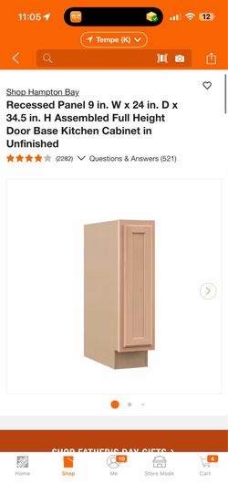 Hampton Bay. Recessed Panel 9 in. W x 24 in. D x 34.5 in. H Assembled Full Height Door Base Kitchen $20