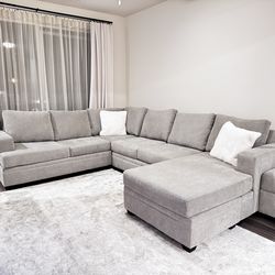 Super comfy Grey Fabric 127" 2 Piece U-Shaped  Smoke free home Sectional with Ottoman