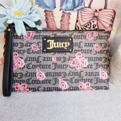 Juicy Couture Pink Bloom Black Furget Me Not Faux Leather Wristlet NWT