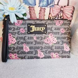 Juicy Couture Pink Bloom Black Furget Me Not Faux Leather Wristlet NWT
