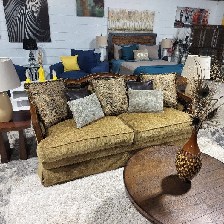 Gorgeous Craftmaster Vintage Sofa with Wood, leather and nail head trim. Read Description for Info