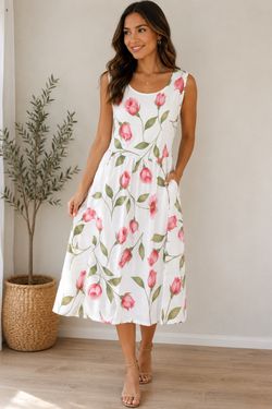 LOVESHOOT Women’s L White Pink Rose Floral Maxi Dress Sleeveless Summer